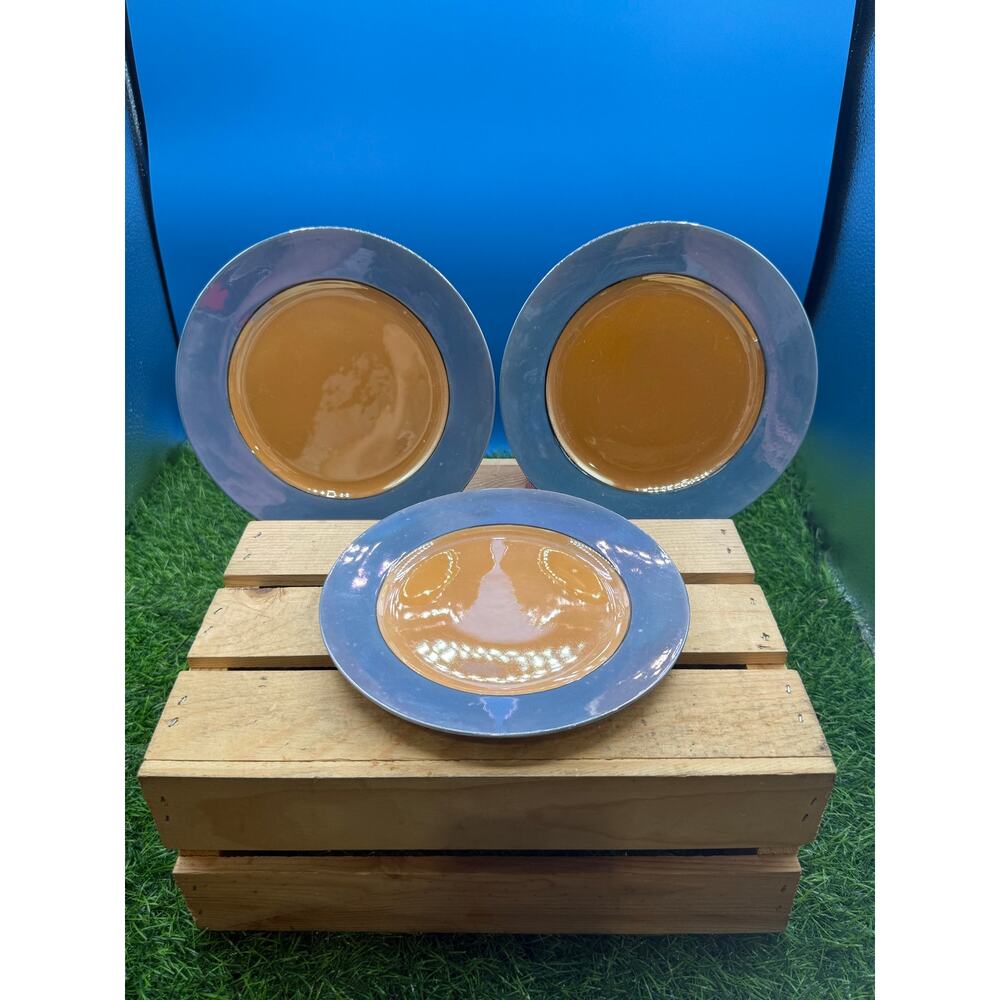 Vintage TT Takito Hand-Painted Ceramic Salad Plates – Slate Blue & Mustard Gold